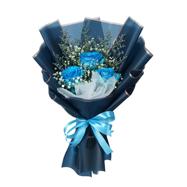 3 Blue Roses in Elegant Arrangement - Buket Bunga Mawar