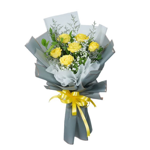 6 Yellow Roses Bouquet - Wonder Yellow Serenade Rose- Buket Bunga Mawar