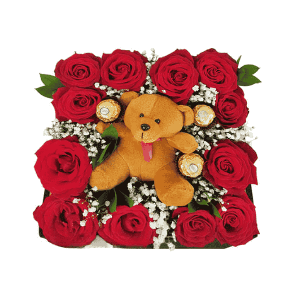 Bloom Box with Teddy Bear - Buket Bunga